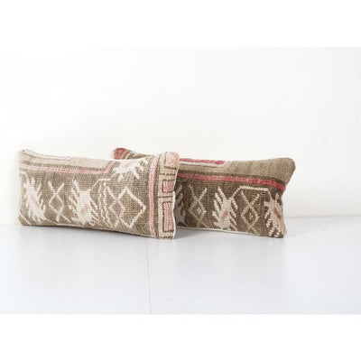 Set of Two Anatolian Oblong Rug Cushion, Pair Brown Ethnic Faded Vintage Handmade Lumbar Cover, Vintage Carpet Soft Wool Pillow 8'' x 18''