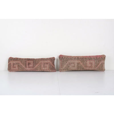Set of Two Anatolian Oblong Rug Cushion, Ethnic Faded Vintage Handmade Lumbar Cover, Pair Vintage Carpet Soft Wool Pillow 9'' x 22''