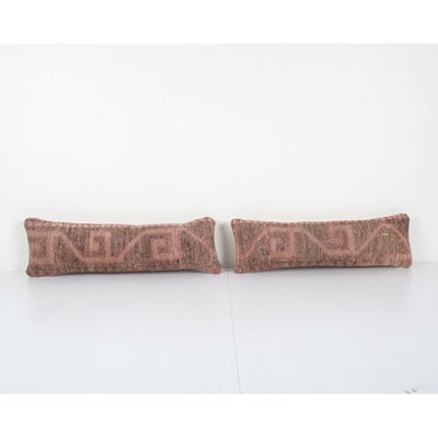 Oushak Rug Lumbar Pillow, Pair Brown Vintage Traditional Carpet Pillow, Set of Two Organic Wool Neutral vintage Bed Pillows 8'' x 22''