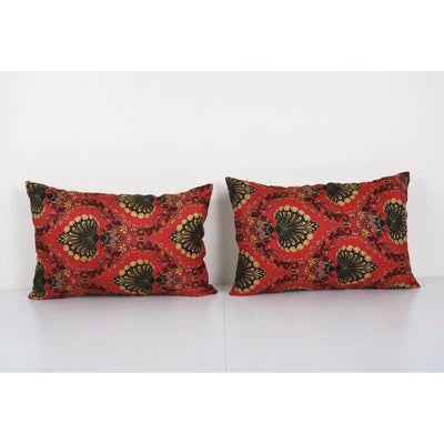 Old Uzbek Trade Cloth Pillow, Set of Two Vintage Floral Roller Print Cushion Cover On Cotton 16'' x 22''