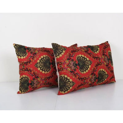 Old Uzbek Trade Cloth Pillow, Set of Two Vintage Floral Roller Print Cushion Cover On Cotton 16'' x 22''