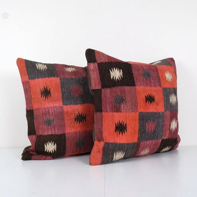 Set Colorful Oriental Boho Kilim Cushion, Chair Organic Pillow Case, Pair Square Design Decorative Cushion 24'' x 24''