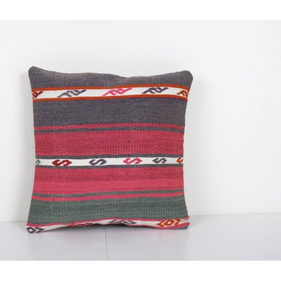 Vintage Turkish Handmade Striped Kilim Cushion, Flat-Weave Kilim Rug Fregment Pillow, Boho Home Decor 14'' x 14''