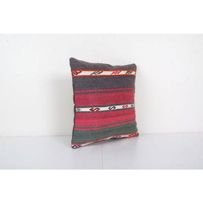Vintage Turkish Handmade Striped Kilim Cushion, Flat-Weave Kilim Rug Fregment Pillow, Boho Home Decor 14'' x 14''