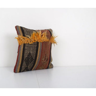 Vintage Handwoven Goat Hair Turkish Kilim Rug with Tulu Details, Square Handwoven Small Turkish Shaggy Tulu Rug Pillow 12'' x 12''