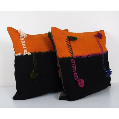 Set of Two Turkish Kilim Pillow Cover, Rustic Anatolian House Decor, Matching Wool Perde Cushion Cover 24'' x 24''