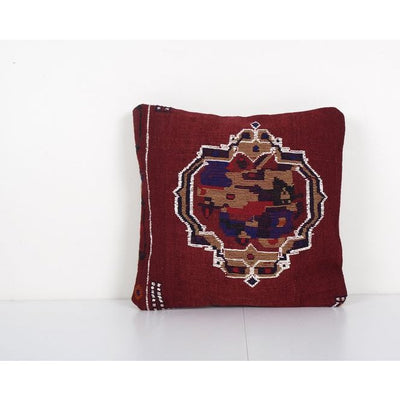 Handmade Wool Red Organic Kilim Pillow, Boho Pillow, Tribal Couch Pillow, Handmade Turkish Square Cushion 17'' x 17''