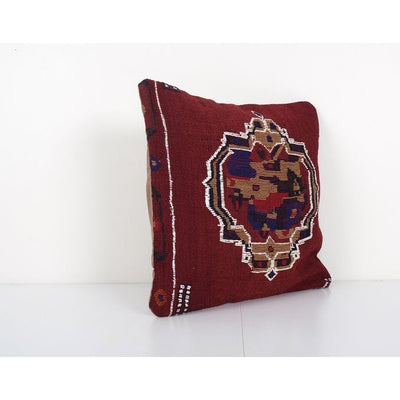 Handmade Wool Red Organic Kilim Pillow, Boho Pillow, Tribal Couch Pillow, Handmade Turkish Square Cushion 17'' x 17''