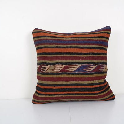 Handmade Organic Striped Square Pillow Cover, Ethnic Chair Decor from Anatolian, Rustic House Decor 23'' x 23''
