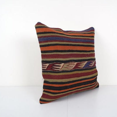Handmade Organic Striped Square Pillow Cover, Ethnic Chair Decor from Anatolian, Rustic House Decor 23'' x 23''