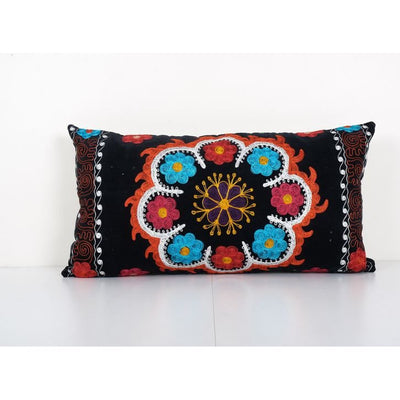 Vintage Colorful Velvet Suzani Lumbar Pillow Cover, 1960s Handmade Uzbek Suzani Textile Art 14'' x 26''
