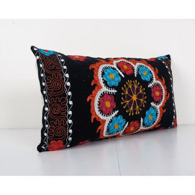 Vintage Colorful Velvet Suzani Lumbar Pillow Cover, 1960s Handmade Uzbek Suzani Textile Art 14'' x 26''