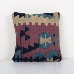 Organic Wool Turkish Cushion Cover - Striped Purple Turkish Kilim Pillow Cover - Organic Home Decor 14'' x 14''