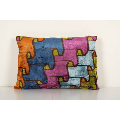 Ikat Velvet Pillow, Colorful Silk Lumbar Cushion Cover