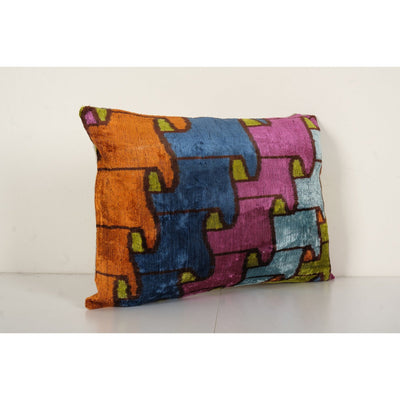 Ikat Velvet Pillow, Colorful Silk Lumbar Cushion Cover