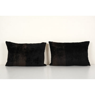 Set of Two Ikat Black Pillow Cover - Pair Silk Velvet Lumbar Pillow