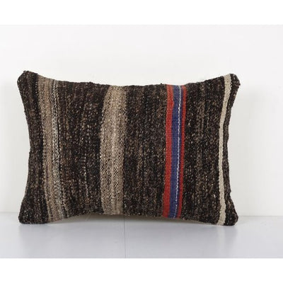 Vintage Mid Century Goat Hair Brown Kilim Pillow With Traditional Style 14'' x 20''