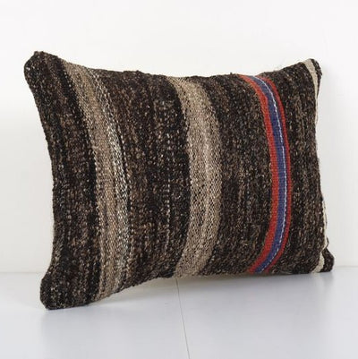 Vintage Mid Century Goat Hair Brown Kilim Pillow With Traditional Style 14'' x 20''
