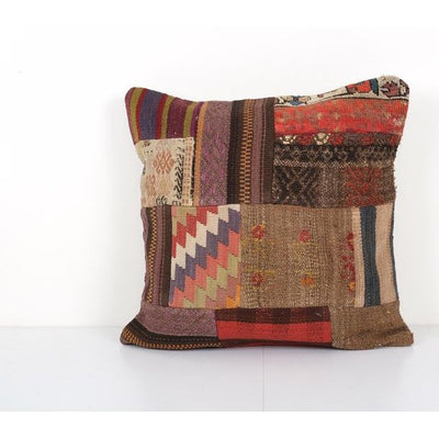 Square Handwoven Turkish Kilim Pillow, Tribal Sofa Pillow, Organic Patchwork Kilim Pillow, Throw Pillow, Couch Anatolian Pillow 20'' x 20''