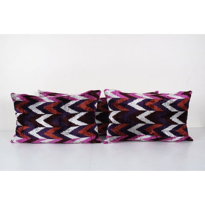 Colorful Uzbek Ikat Velvet Pillow Cover, Set of Three Handmade Silk Cushion Cover, Pair Geometric Tribal Boho Lumbar Pillow