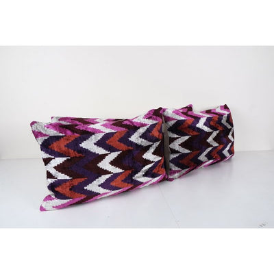 Colorful Uzbek Ikat Velvet Pillow Cover, Set of Three Handmade Silk Cushion Cover, Pair Geometric Tribal Boho Lumbar Pillow