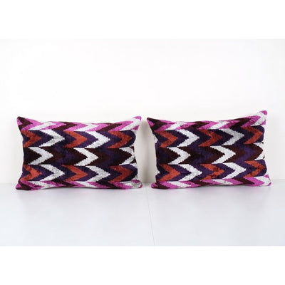 Silk Ikat Velvet Pillow Cover, Set of Two Matching Multicolor Ikat Lumbar Pillowcase, Pair Colorful Designer Throw Pillow 16'' x 24''