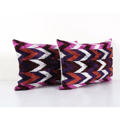 Silk Ikat Velvet Pillow Cover, Set of Two Matching Multicolor Ikat Lumbar Pillowcase, Pair Colorful Designer Throw Pillow 16'' x 24''