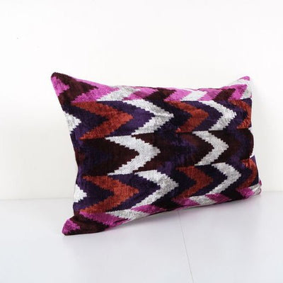 Silk Ikat Velvet Lumbar Pillow Cover - Ethnic Decorative pillow - Colorful Velvet Ikat pillow 16'' x 24''
