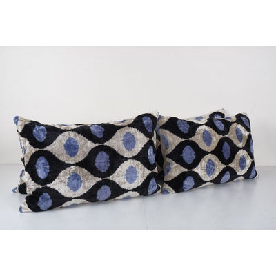 Ikat Velvet Pillow Cover, Set of Three Silk Velvet Blue Polka Dot Pillow Cover, Handloom Ikat Velvet Pillow Cover