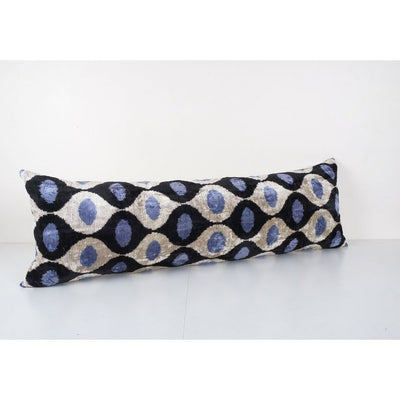 Blue Ikat Velvet Bedding Pillow, Silk Lumbar Cushion Cover, Blue Lumbar Pillows, Boho Pillow 16'' x 48''