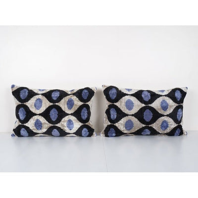 Ikat Velvet Pillow, Set of Two Silk Blue Lumbar Cushion Cover, Boho Chic Pillow Cover 16'' x 24''