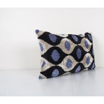 Ikat Polka Dot Blue Pillow Cover - Silk Ethnic Velvet Lumbar Pillow Cover - Designer Cushion Cover 16'' x 24''