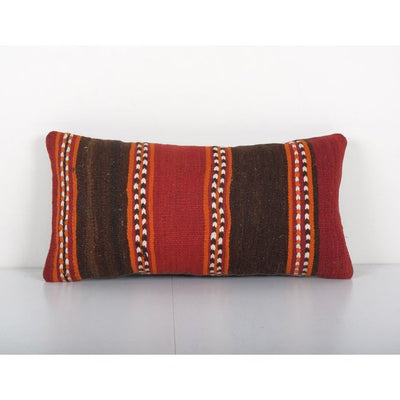 Anatolian Red Geometric Kilim Rug Pillow Cover, Vintage Handmade Lumbar Cover Cushion 14'' x 24''