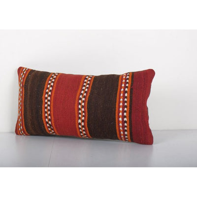 Anatolian Red Geometric Kilim Rug Pillow Cover, Vintage Handmade Lumbar Cover Cushion 14'' x 24''