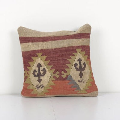 Striped Tribal Wool Handmade Pillow Covers, Pastel Organic Ethnic Turkish Kilim Cushion Cover 16'' x 16''