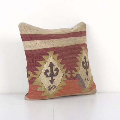 Striped Tribal Wool Handmade Pillow Covers, Pastel Organic Ethnic Turkish Kilim Cushion Cover 16'' x 16''