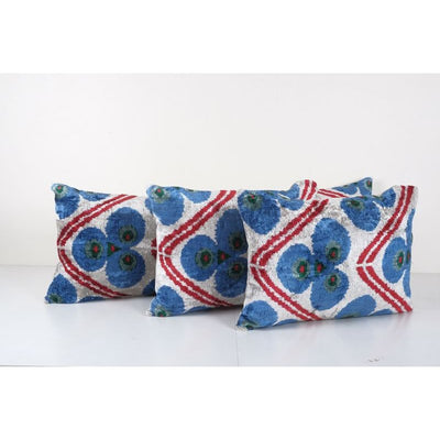 Silk Ikat Eye Velvet Pillow Cover - Triple Handloom Beige and Blue Velvet Lumbar Pillow Cover - Uzbek Cushion Cover 1