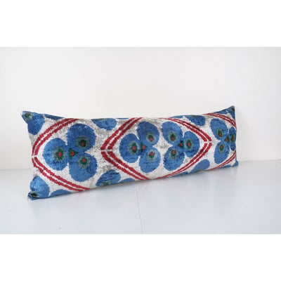 Silk Ikat Velvet Pillow, Extra Long Sky Blue Silk Ikat Lumbar Cushion Cover, Colorful Extraordinary Design Velvet Bench Cushion 16'' x 43''