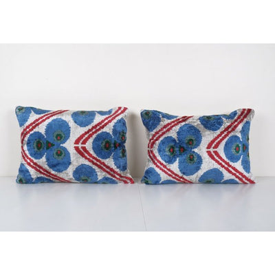 Ikat Velvet Pillow, Set of Two Silk Ikat Lumbar Cushion Cover, Pair Colorful Ikat Lumbar Pillows, Unusual Design Velvet Cushion 16'' x 20''