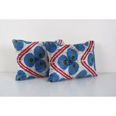 Ikat Velvet Pillow, Set of Two Silk Ikat Lumbar Cushion Cover, Pair Colorful Ikat Lumbar Pillows, Unusual Design Velvet Cushion 16'' x 20''
