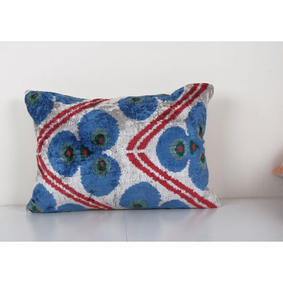 Sky Blue Ikat Velvet Pillow, Silk Lumbar Evil Eye Cushion Cover, Boho Pillow 16'' x 20''