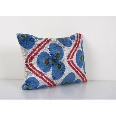 Sky Blue Ikat Velvet Pillow, Silk Lumbar Evil Eye Cushion Cover, Boho Pillow 16'' x 20''