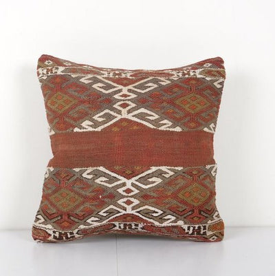 Square Turkish Jajim Kilim Pillow Cover, Unique Patterned Red Throw Couch Cushion 16'' x 16''