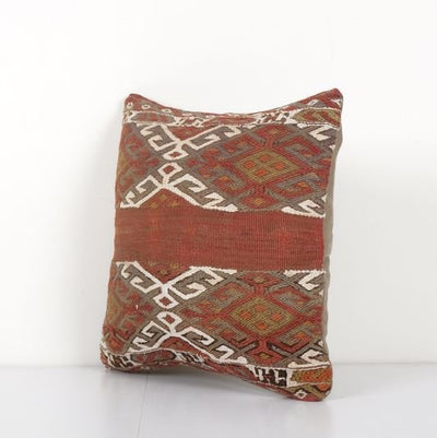 Square Turkish Jajim Kilim Pillow Cover, Unique Patterned Red Throw Couch Cushion 16'' x 16''