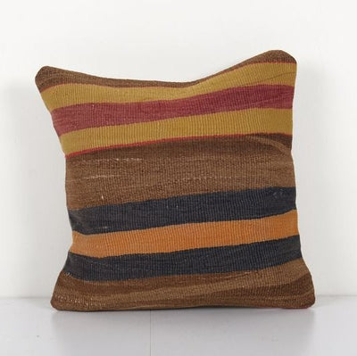 Anatolian Striped Kilim Pillow, Wool Organic Cushion Cover 16'' x 16''