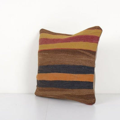 Anatolian Striped Kilim Pillow, Wool Organic Cushion Cover 16'' x 16''