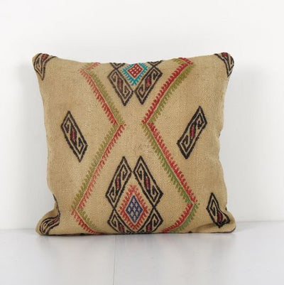 Handmade Decorative Sand Kilim Pillow, Kilim Cushion Cover, Tribal Pillow Cover, Natural Rustic Cushion Case 16'' x 16''