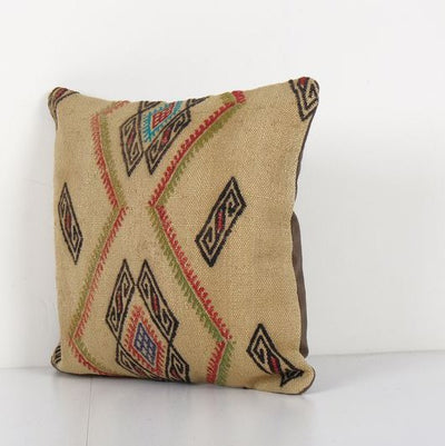 Handmade Decorative Sand Kilim Pillow, Kilim Cushion Cover, Tribal Pillow Cover, Natural Rustic Cushion Case 16'' x 16''