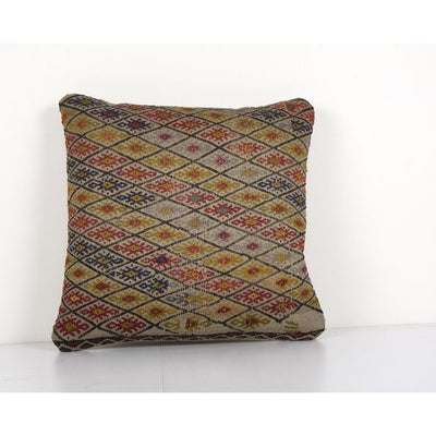 Handmade Turkish Cicim Pillow Cover, Brown Square Kilim Pillow Cover 17'' x 17''