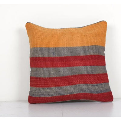 Striped Turkish Kilim Pillow Cover, Bohemian Kilim Pillow, Tribal Lumbar Cushion Cover 16'' x 16''